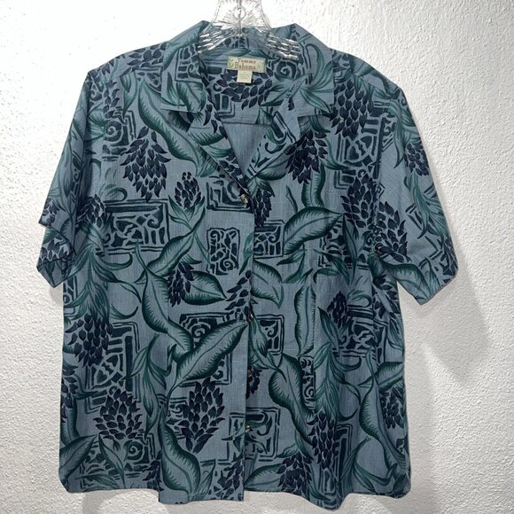 Tommy Bahama Womens 100% Silk Blue Tropical Blouse Sz L Button Up Side Slits - Picture 1 of 14